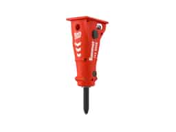 Red hydraulic breaker hammer model 555 attachment for excavators, bright orange steel body with chisel tool for heavy-duty construction and demolition tasks