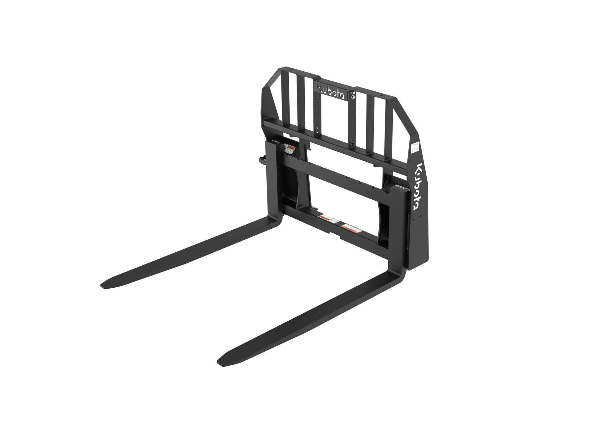 Forklift attachment Forks PFL46 black steel pallet forks with mounting frame and two long tines, shown isolated on white background